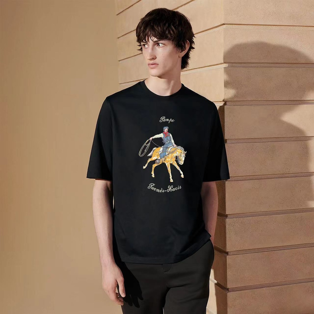 Hermes Kleding T-Shirt Designer groothandel replica
 Zwart Wit Afdrukken Katoen Gemerceriseerd katoen Zomercollectie Korte mouw