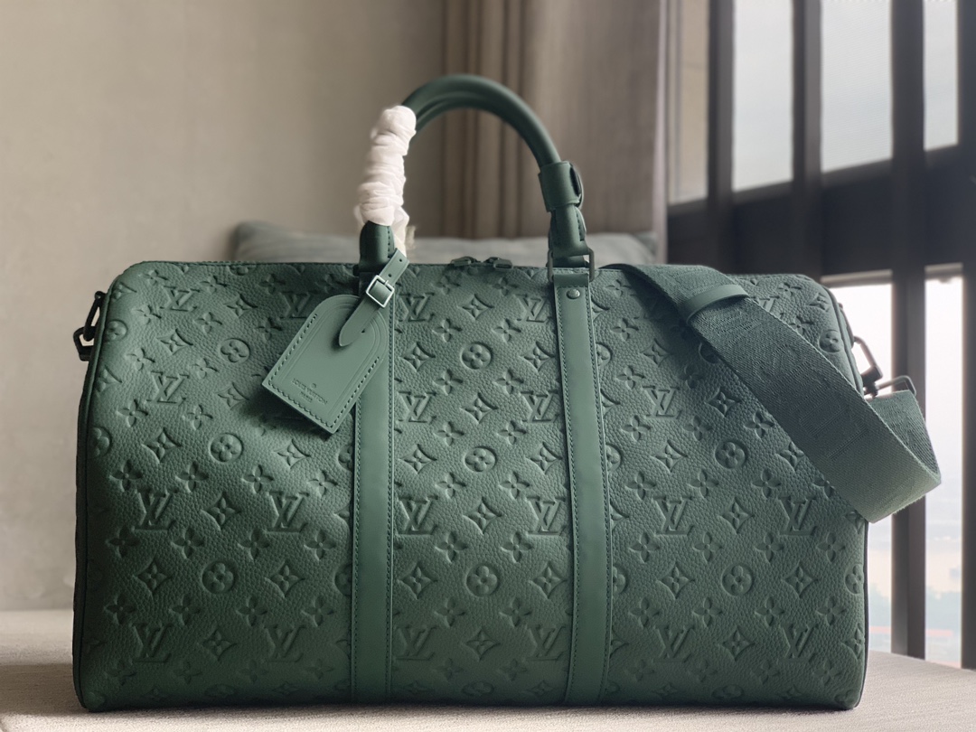 Louis Vuitton LV new travel bag debuts [Keepall Bandouliere 50cm] M24440 dark green embossed cowhide