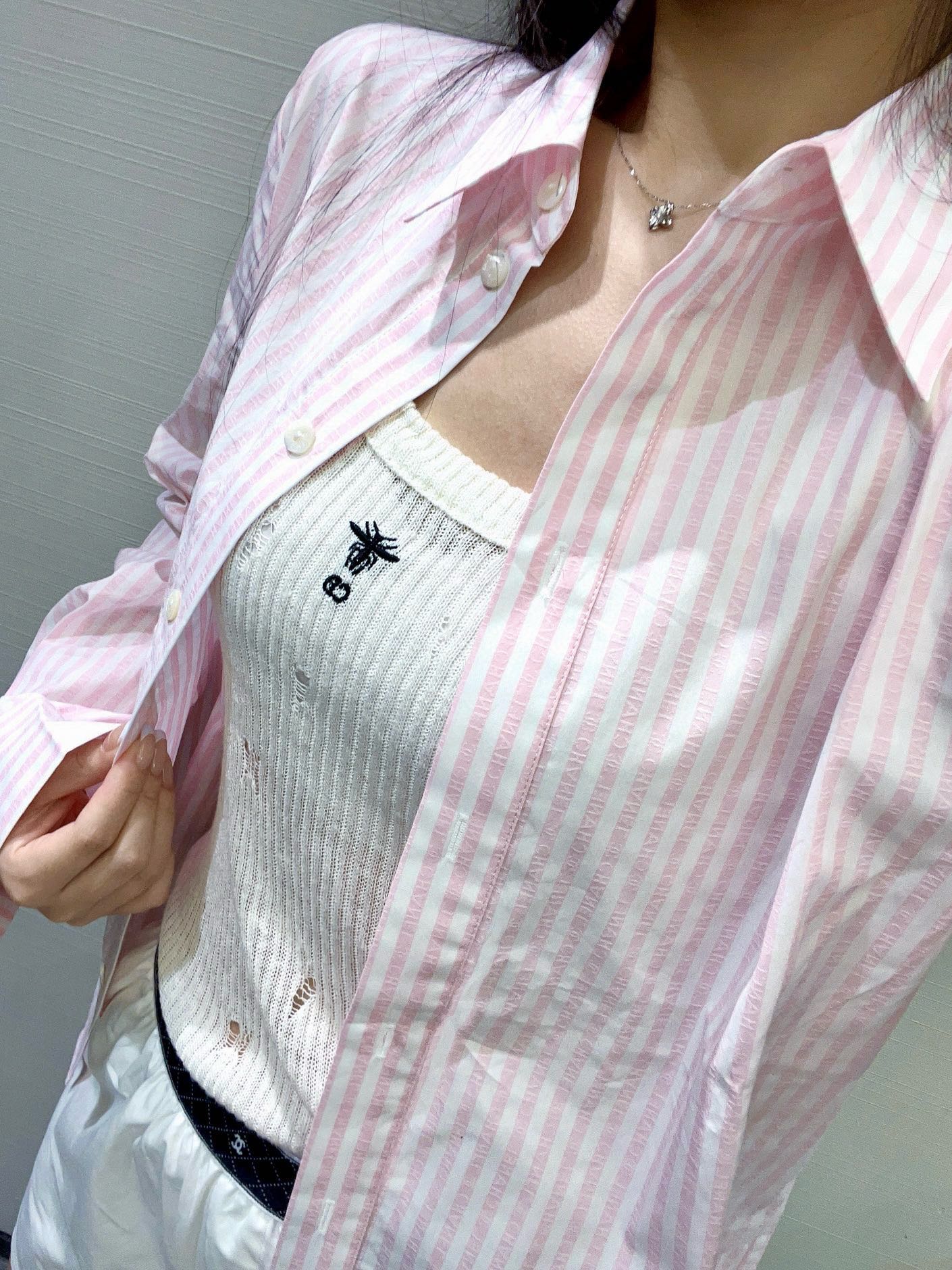 Chanel Replica
 Clothing Shirts & Blouses Pink White Cotton Spring Collection