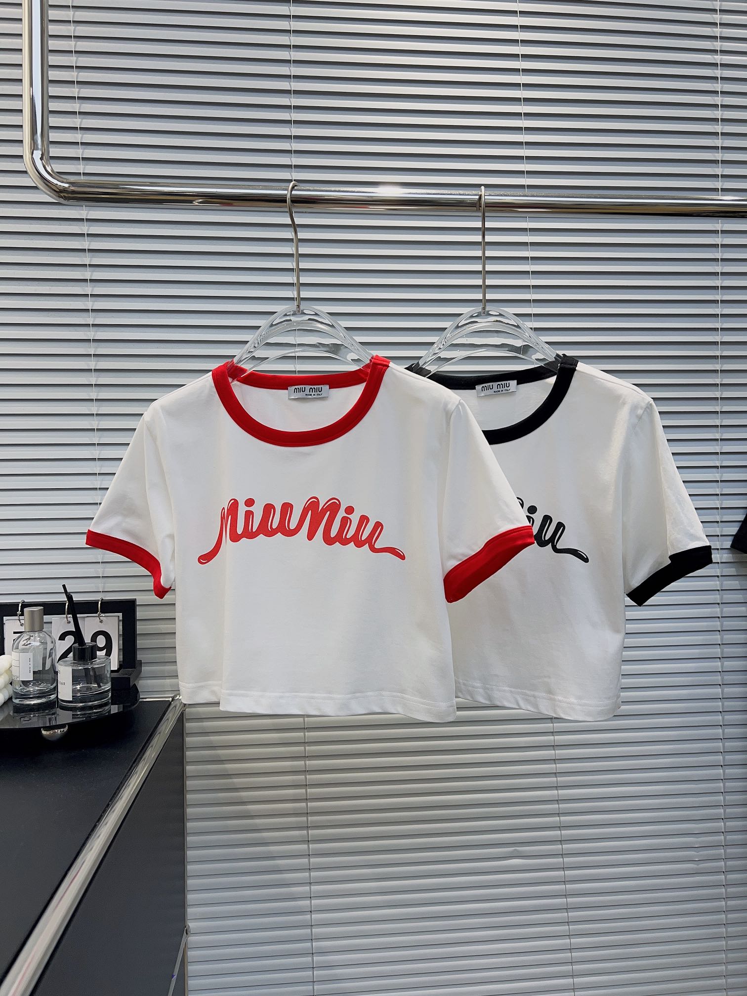 MiuMiu Clothing T-Shirt Black Red Splicing Cotton