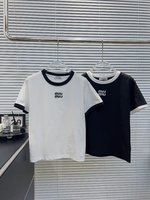 MiuMiu Clothing T-Shirt Black White Embroidery Knitting