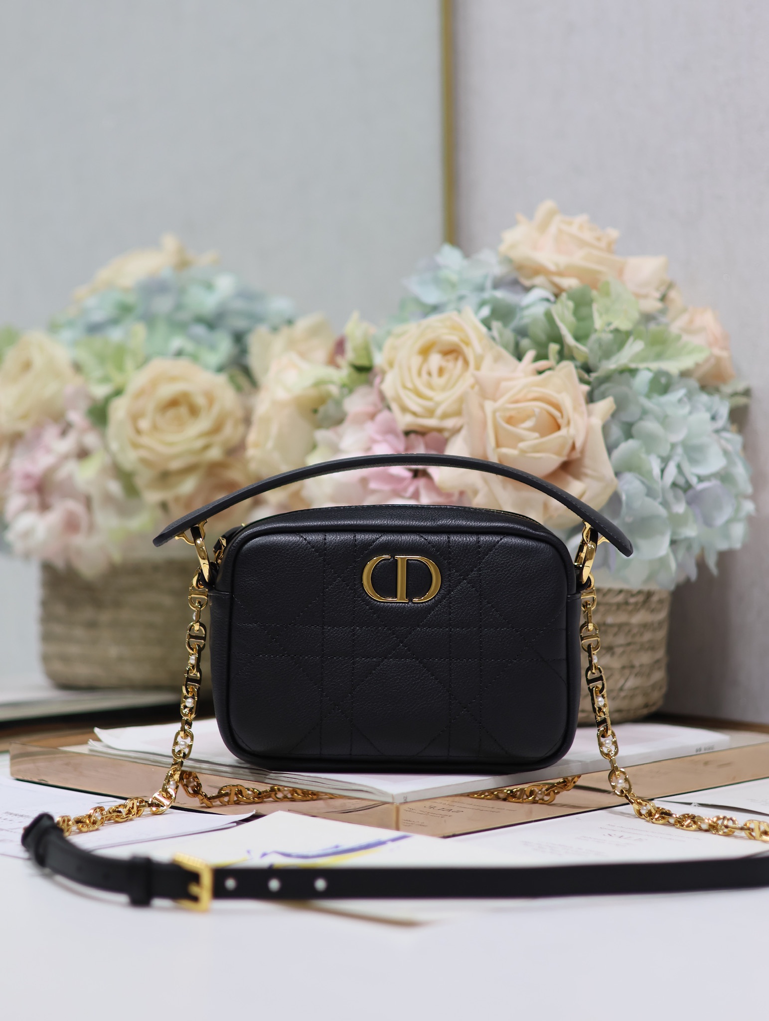 Dior Caro Camera Bags Black Gold Embroidery Vintage Cowhide Spring/Summer Collection Chains