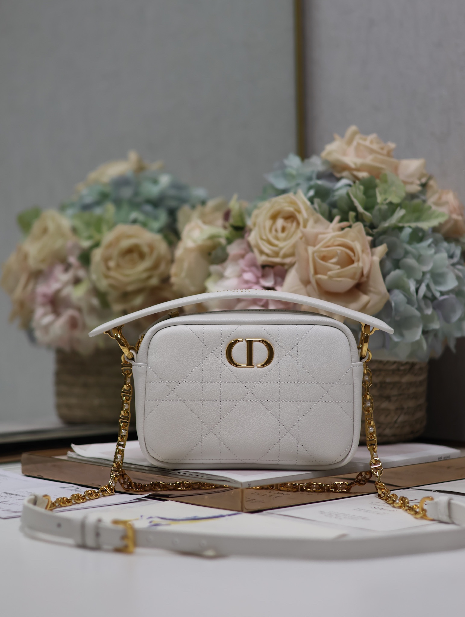 Dior Caro Camera Bags Gold White Embroidery Vintage Cowhide Spring/Summer Collection Chains