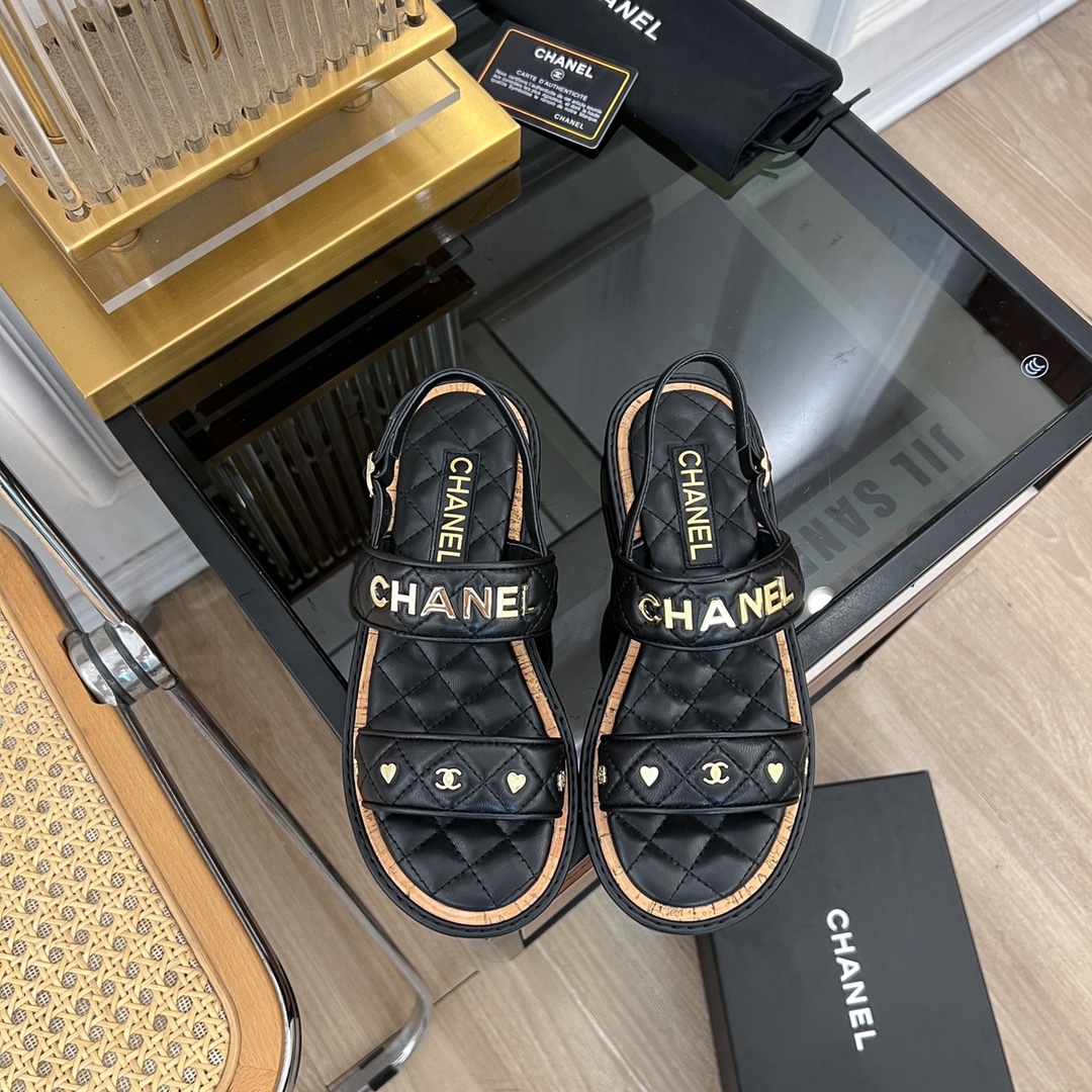 Chanel Shoes Sandals Embroidery Women Gold Hardware Spring/Summer Collection Fashion