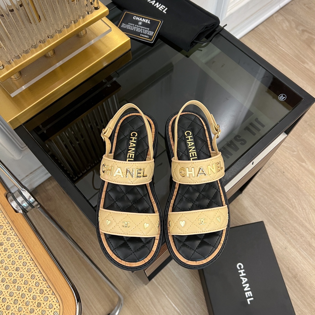 Chanel Shoes Sandals Embroidery Women Gold Hardware Spring/Summer Collection Fashion