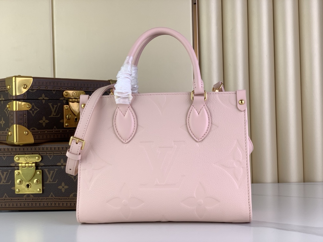 Louis Vuitton Onthego PM Bag Monogram Embossed Leather Pink, 25 x 19 x 11.5 cm