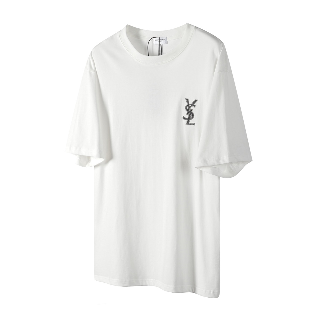 Saint Laurent YSL/圣罗兰24SS春夏新款前后字母烫钻短袖T恤