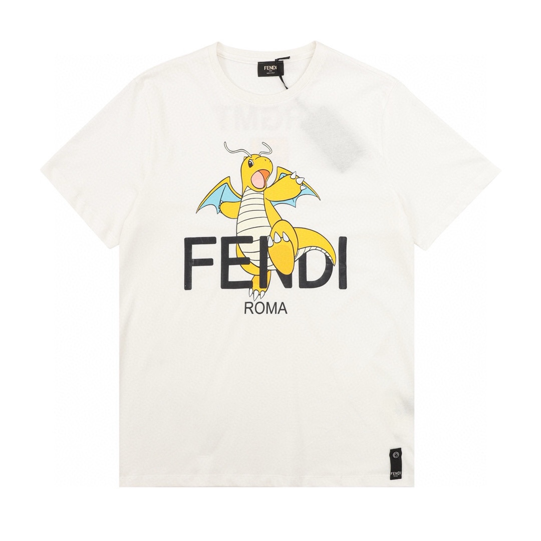 Fendi FD x FRGMT × Pokemon collaboration Charizard short-sleeve, using 32S double-stranded mercerized cotton, smooth su…