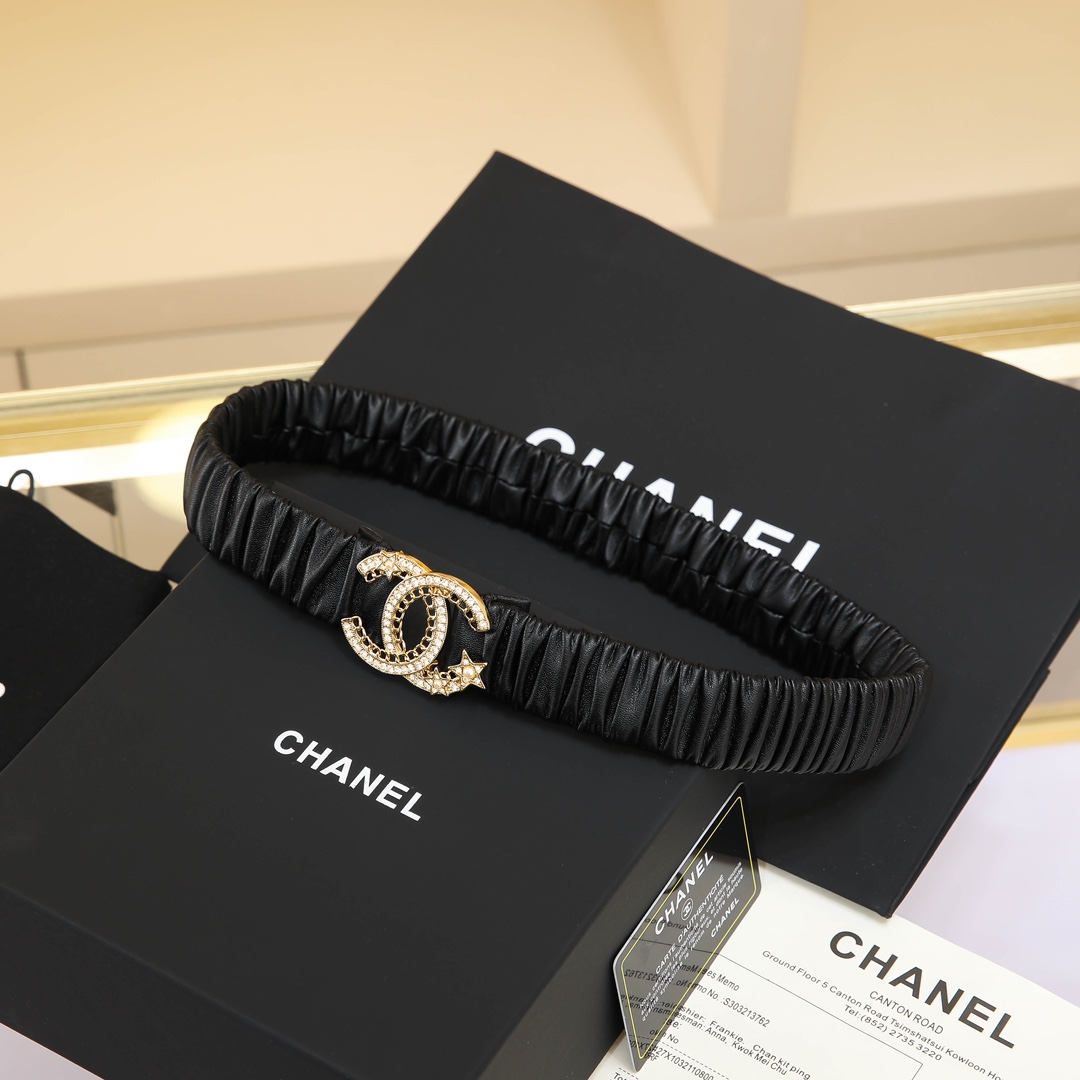 [Chanel Belts]Chanel CC Chain Star Water Diamond Brass Logo Buckle Calfskin Si