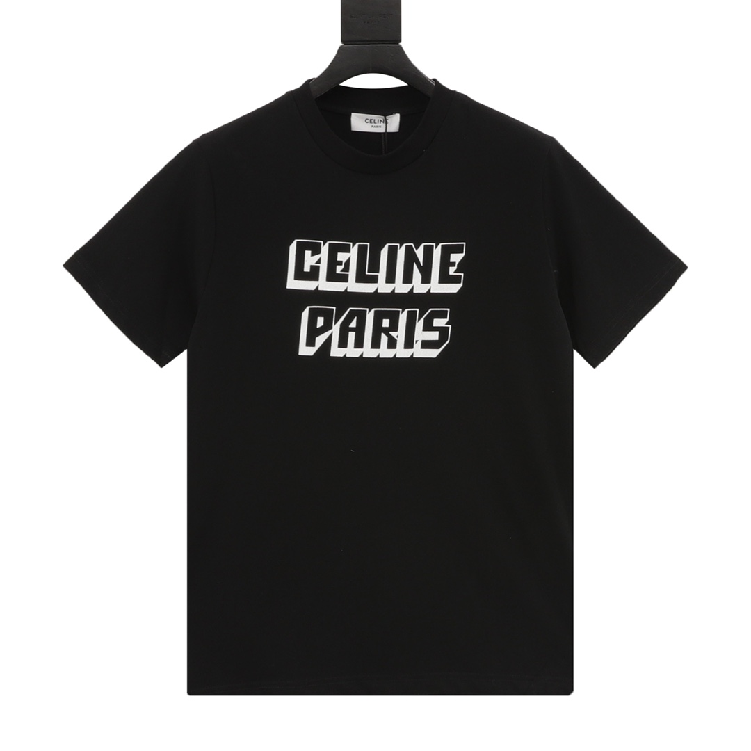 Celine Clothing T-Shirt Black Red Printing Unisex Cotton Short Sleeve