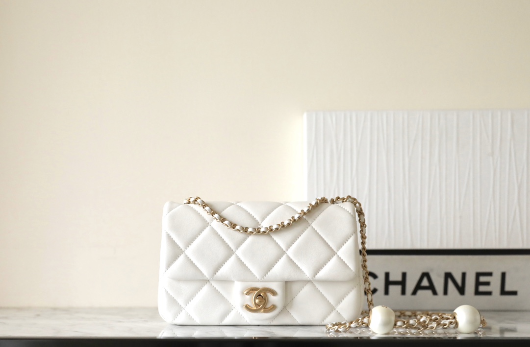 شانيل Chanel Classic Flap Bag حقيبة حقيبة الكتف &حقيبة كروس بودي أبيض . الرجعية الذهب جلد البقر الغنم الربيع والصيف سلسلة Vintage