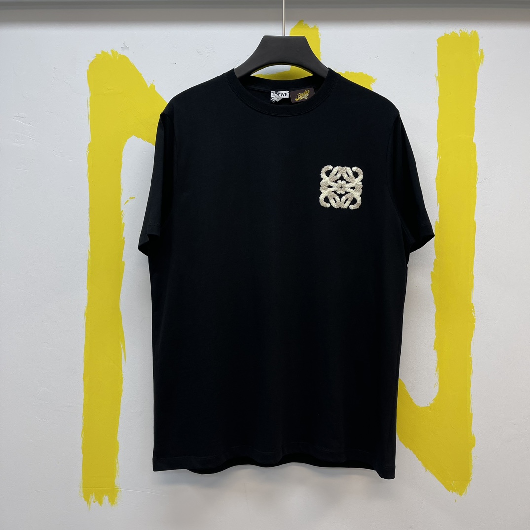 Buy 2023 Replica
 Loewe Clothing T-Shirt Black Embroidery Cotton