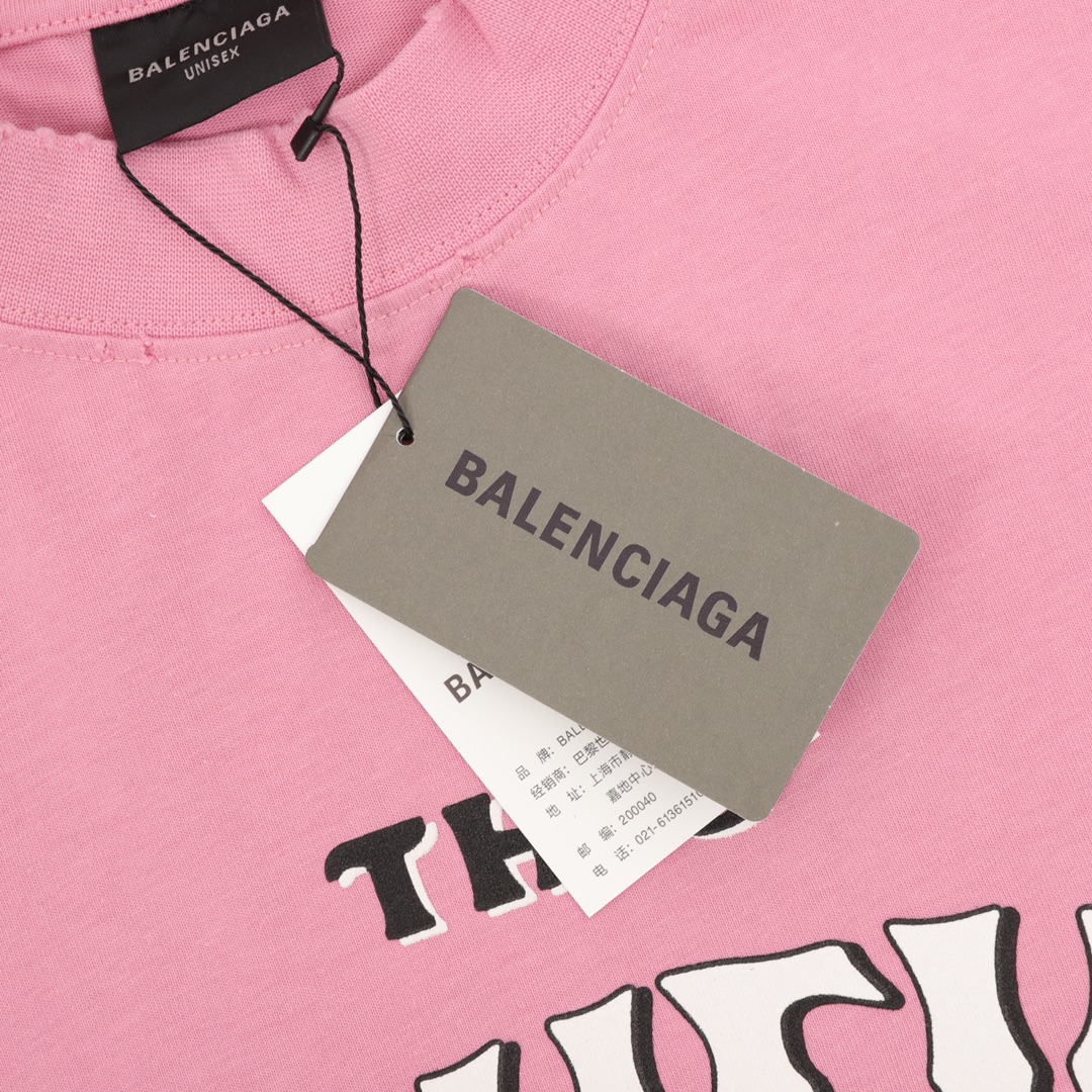 balenciaga巴黎世家 粉色发泡字母印花Logo做旧短袖T恤