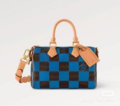 Louis Vuitton LV Speedy Tassen handtassen Blauw Gitter Canvas Koeienhuid N40584