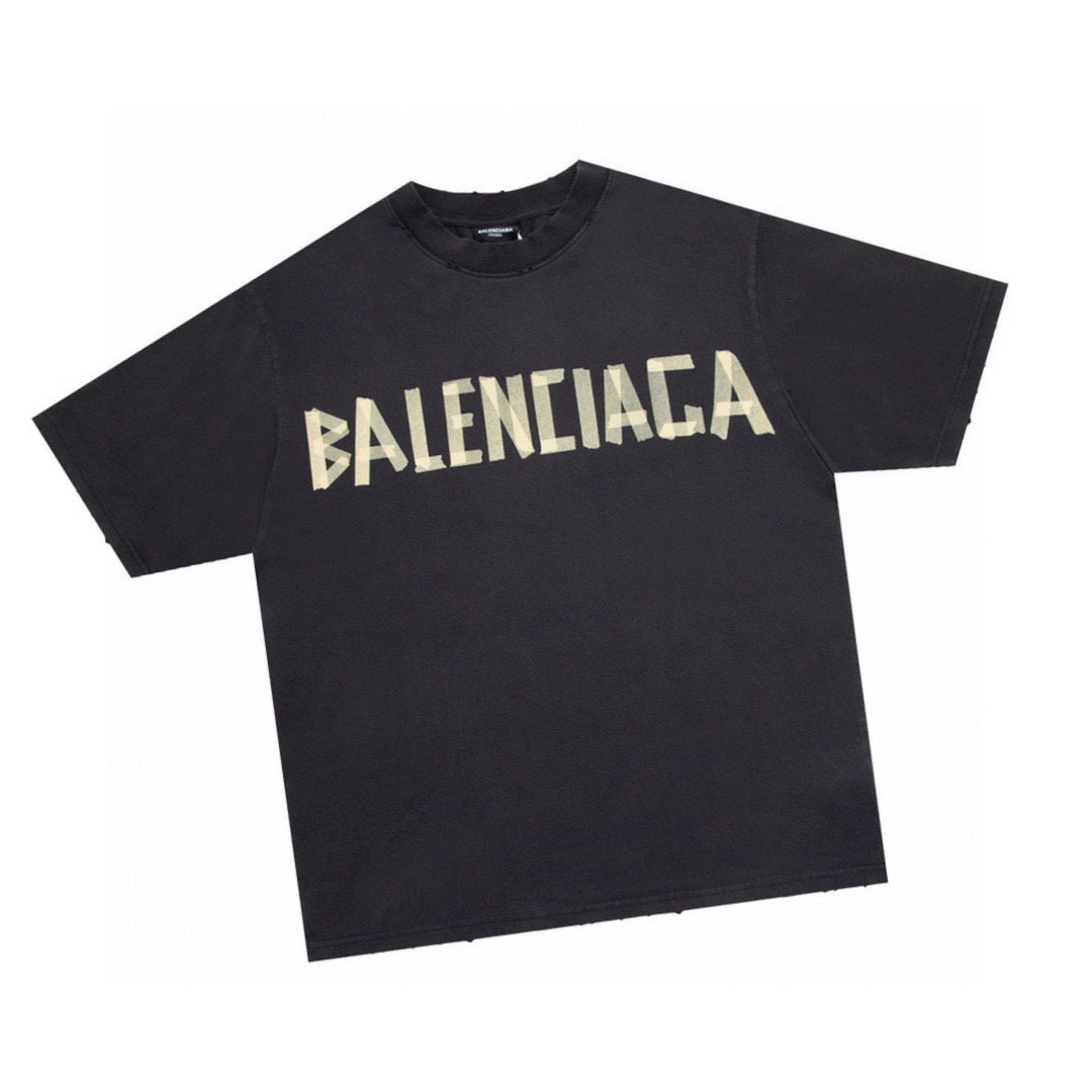 巴黎世家/Balenciaga 夏季 黑胶带水洗做旧圆领短袖T恤