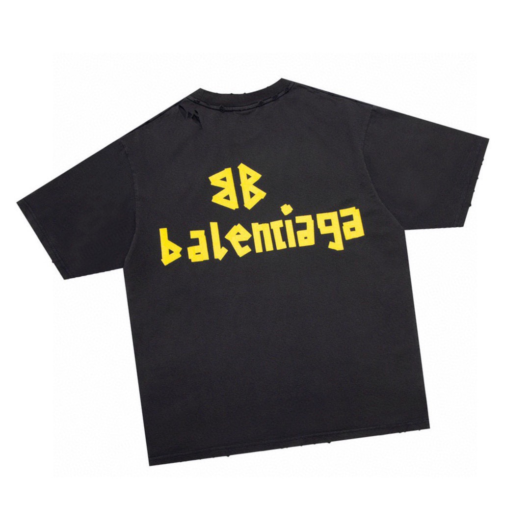 巴黎世家/Balenciaga 夏季 黑胶带水洗做旧圆领短袖T恤