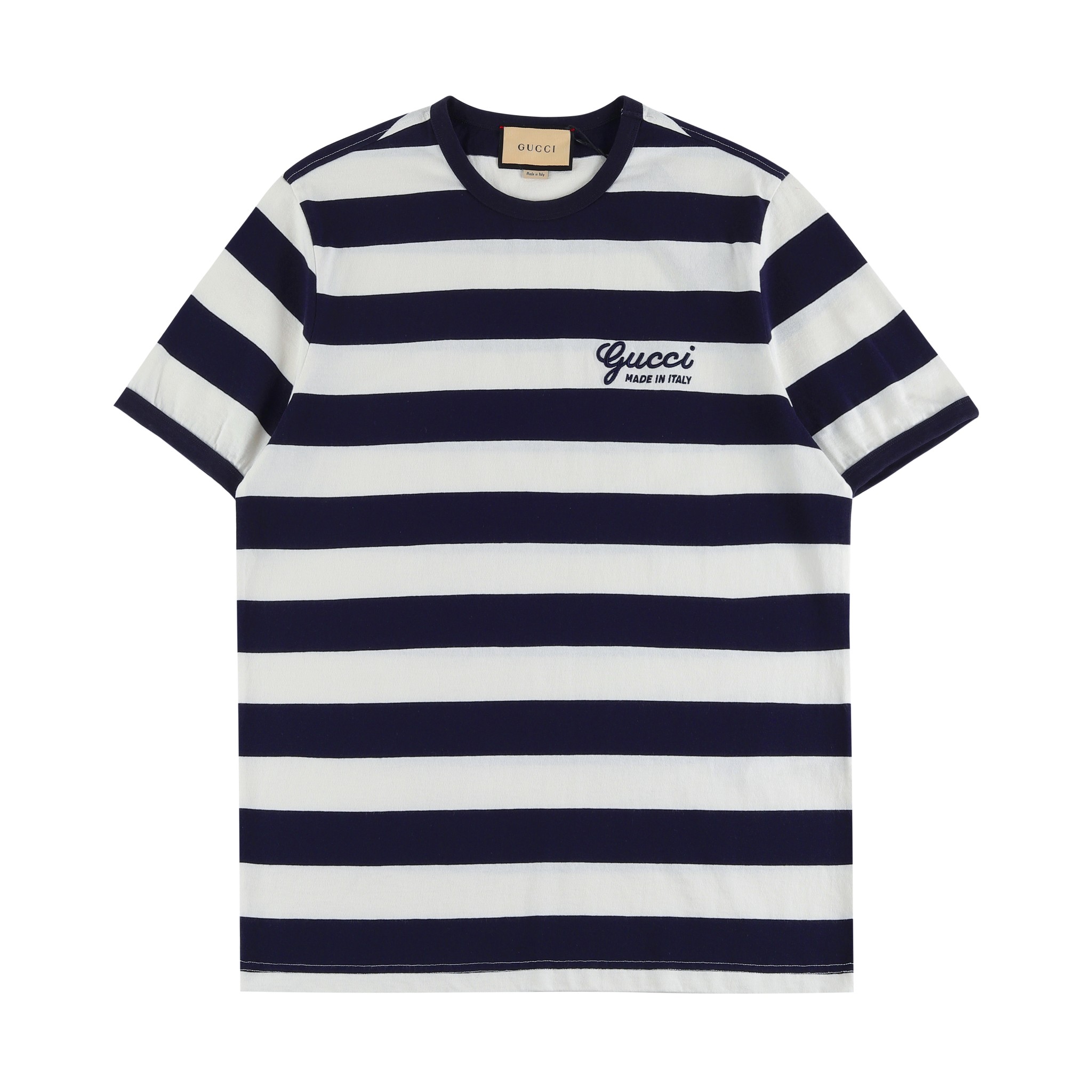 GUCC Gu* 2024SS Nueva camiseta de manga corta primavera/verano. Tejido de algodón puro con rayas azules y blancas tejid…