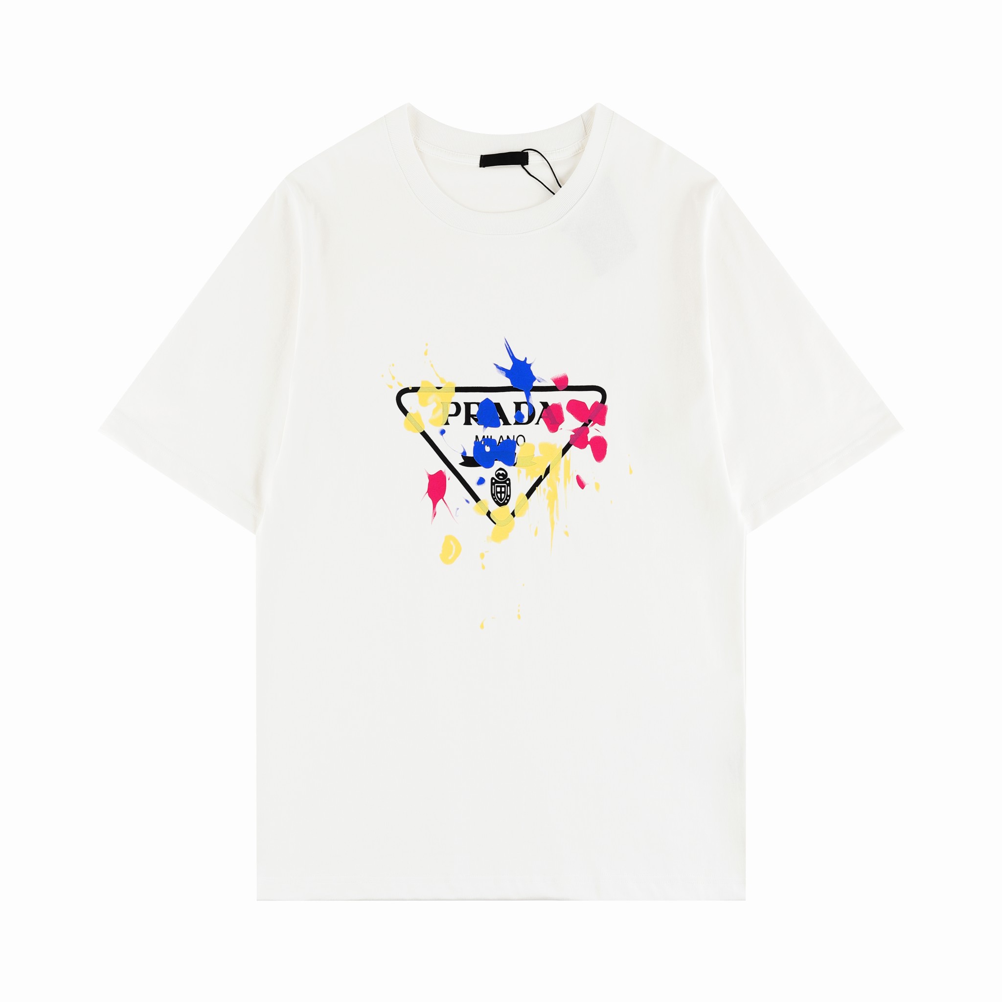 PRAD普拉* Nuevo modelo de camiseta de manga corta para primavera/verano 2024, con estampado digital de salpicaduras de ti…