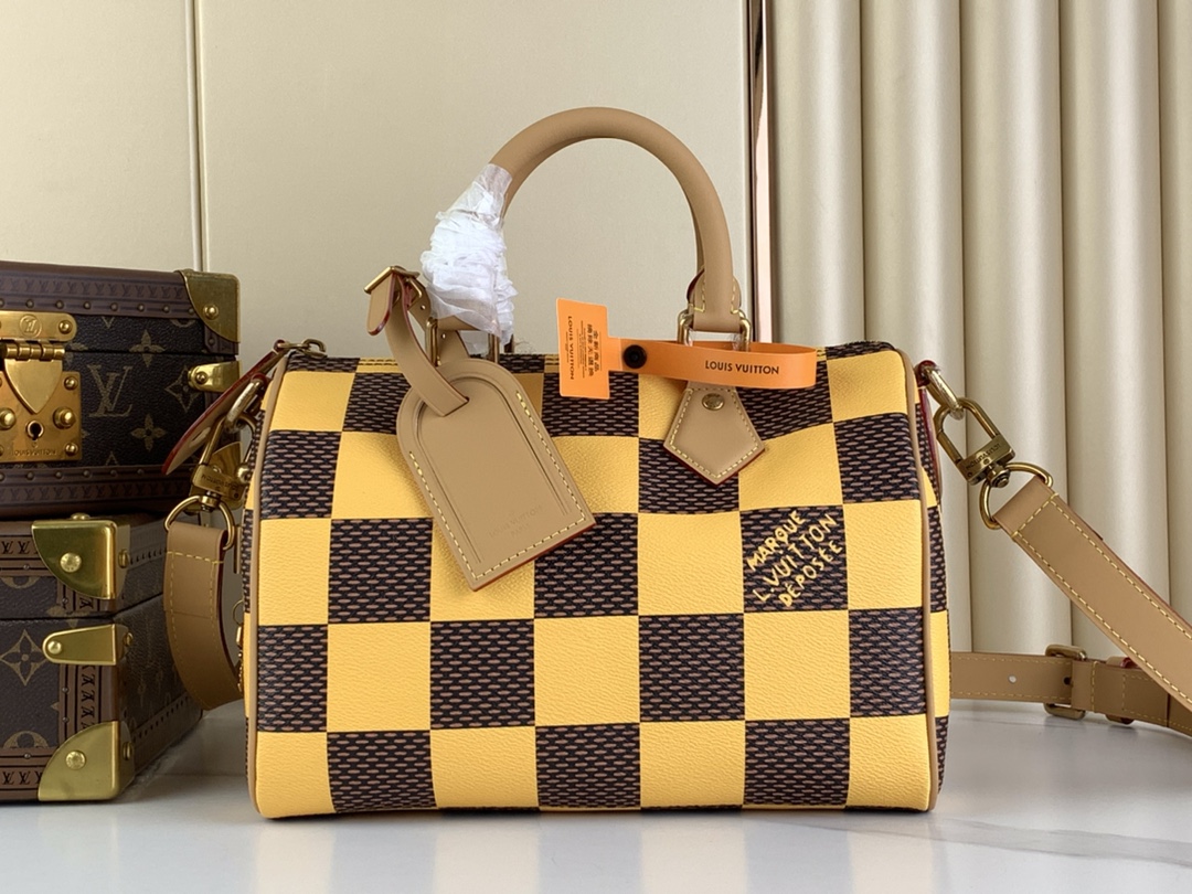 Louis Vuitton LV Speedy Bags Handbags Blue Grid Yellow Polishing Canvas Cowhide N40585