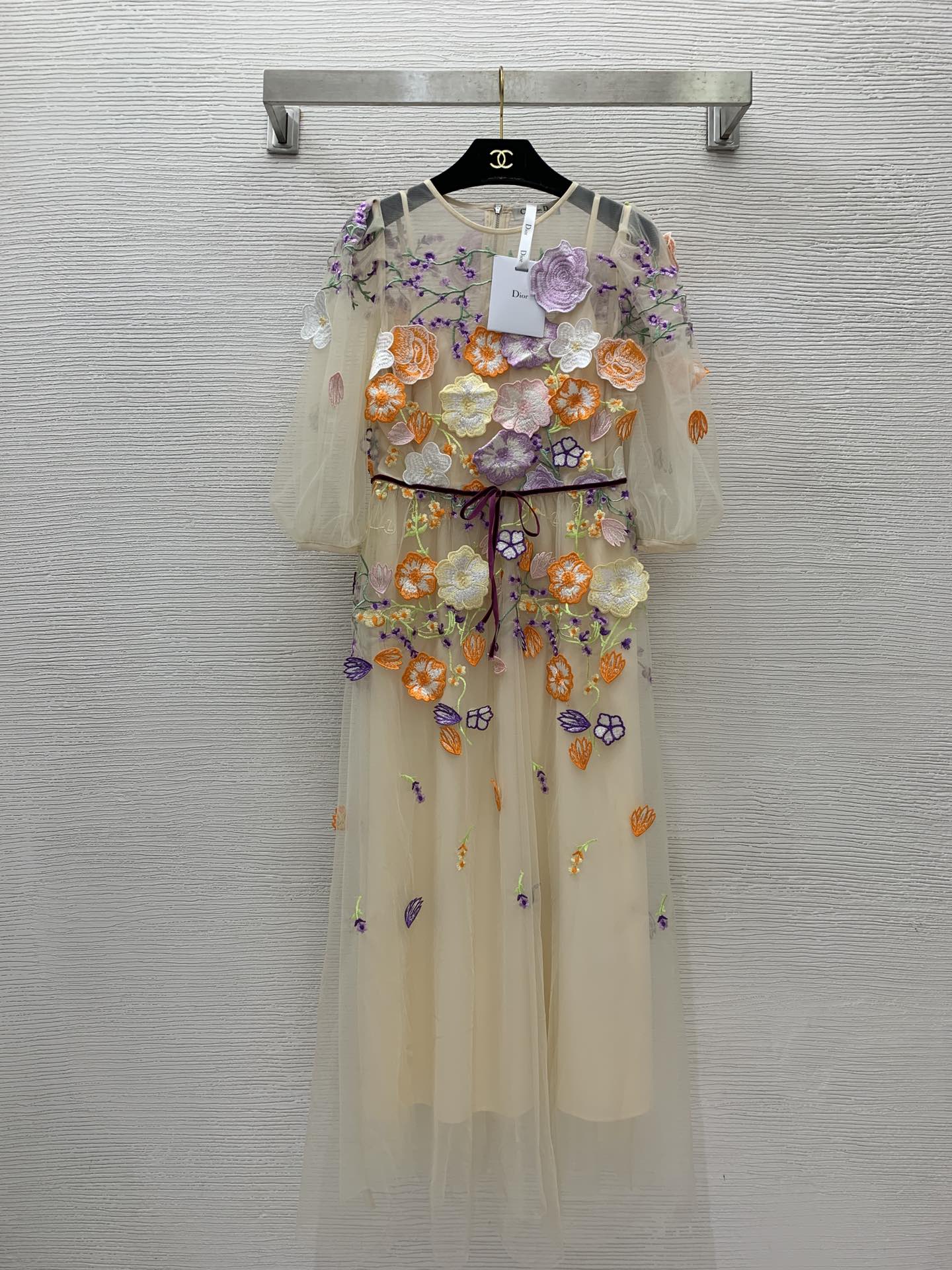 Dior Knockoff
 Clothing Dresses Apricot Color Embroidery Gauze Spring/Summer Collection