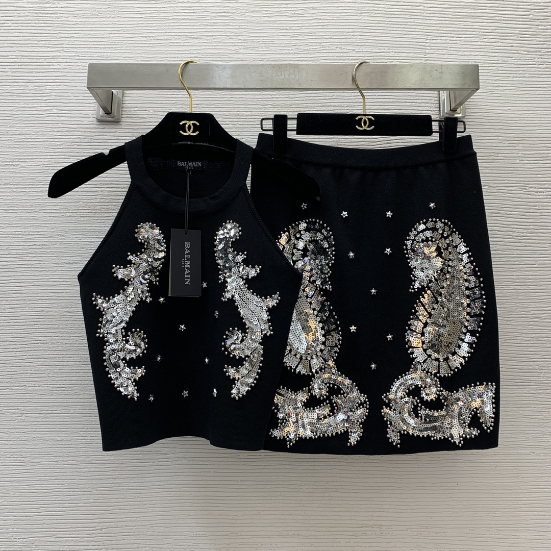 Balmain Clothing Shirts & Blouses Skirts Tank Tops&Camis Black White Knitting Spring/Summer Collection