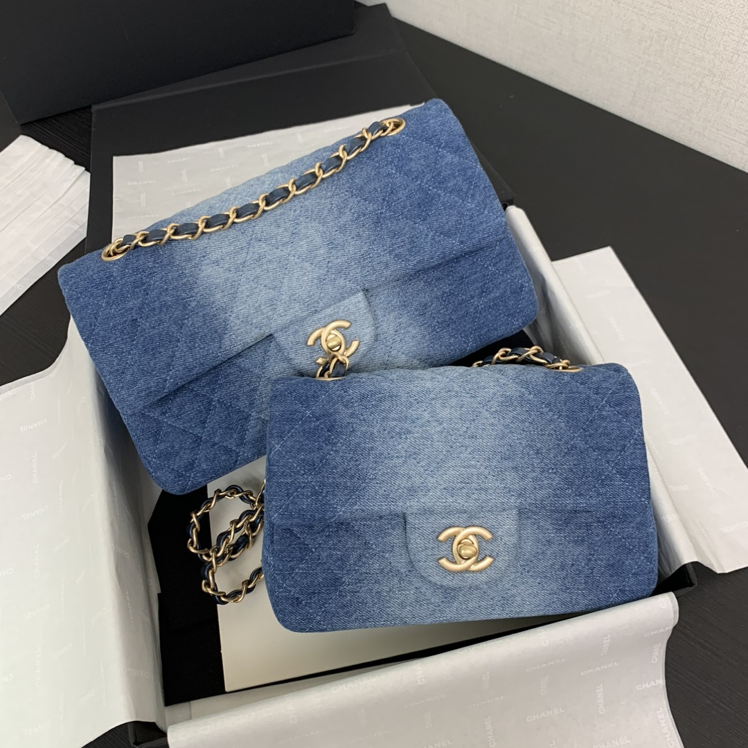 Bolso CF con solapa en denim degradado 24s listo para usar. El caballo oscuro escondido, el CF favorito, no pierde los …
