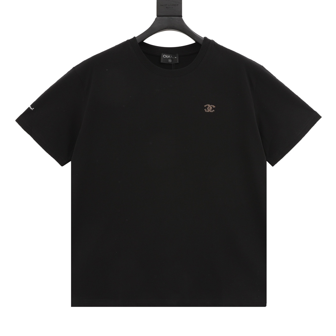 Chanel Ropa Camiseta Negro Plata Blanco Bordado Universal para hombres y mujeres Algodón de punto Tejido Manga corta