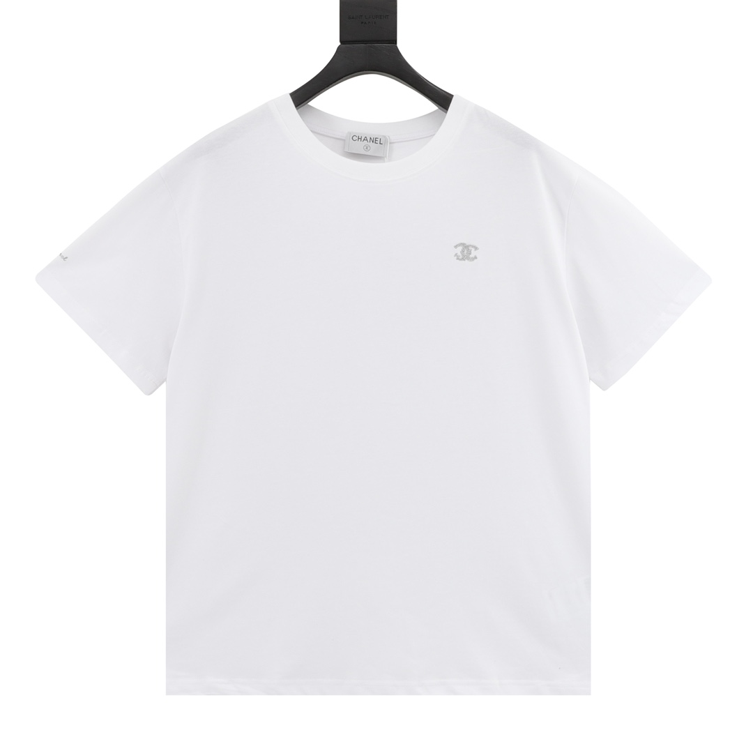 Chanel Ropa Camiseta Negro Plata Blanco Bordado Universal para hombres y mujeres Algodón de punto Tejido Manga corta