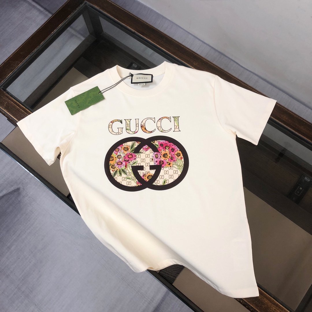 Gucci Clothing T-Shirt Apricot Color Black Printing Unisex Cotton Spring/Summer Collection Fashion Short Sleeve