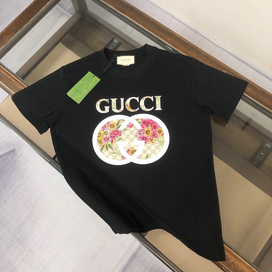 Gucci Clothing T-Shirt Apricot Color Black Printing Unisex Cotton Spring/Summer Collection Fashion Short Sleeve