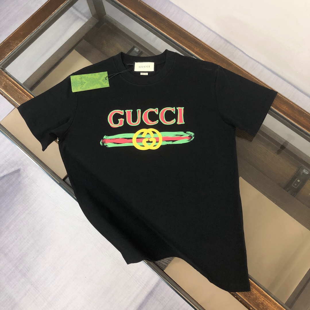 Gucci Clothing T-Shirt Apricot Color Black Printing Unisex Cotton Spring/Summer Collection Fashion Short Sleeve