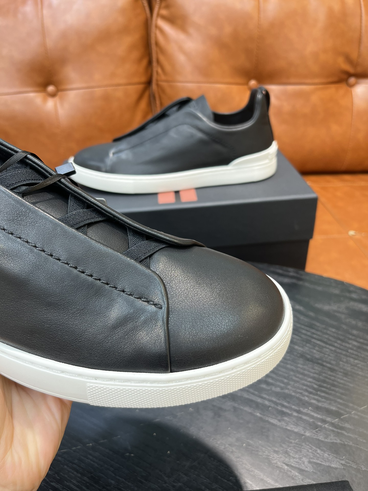 Ermenegildo Zegna Triple Stitch Leather Sneakers - Black/White, Slip-On Design 5 i1715496290 210 3