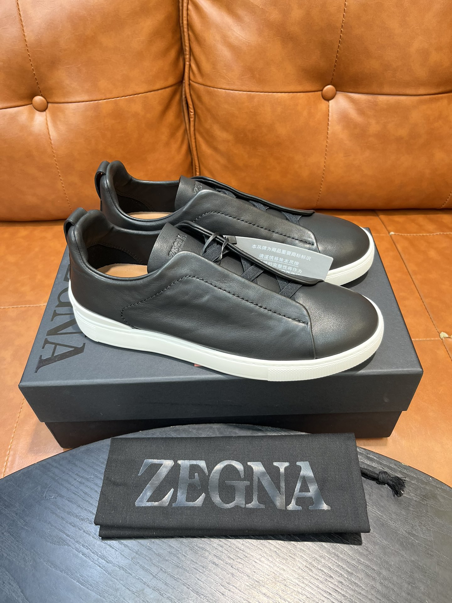 Ermenegildo Zegna Triple Stitch Leather Sneakers - Black/White, Slip-On Design 10 i1715496290 4005 8