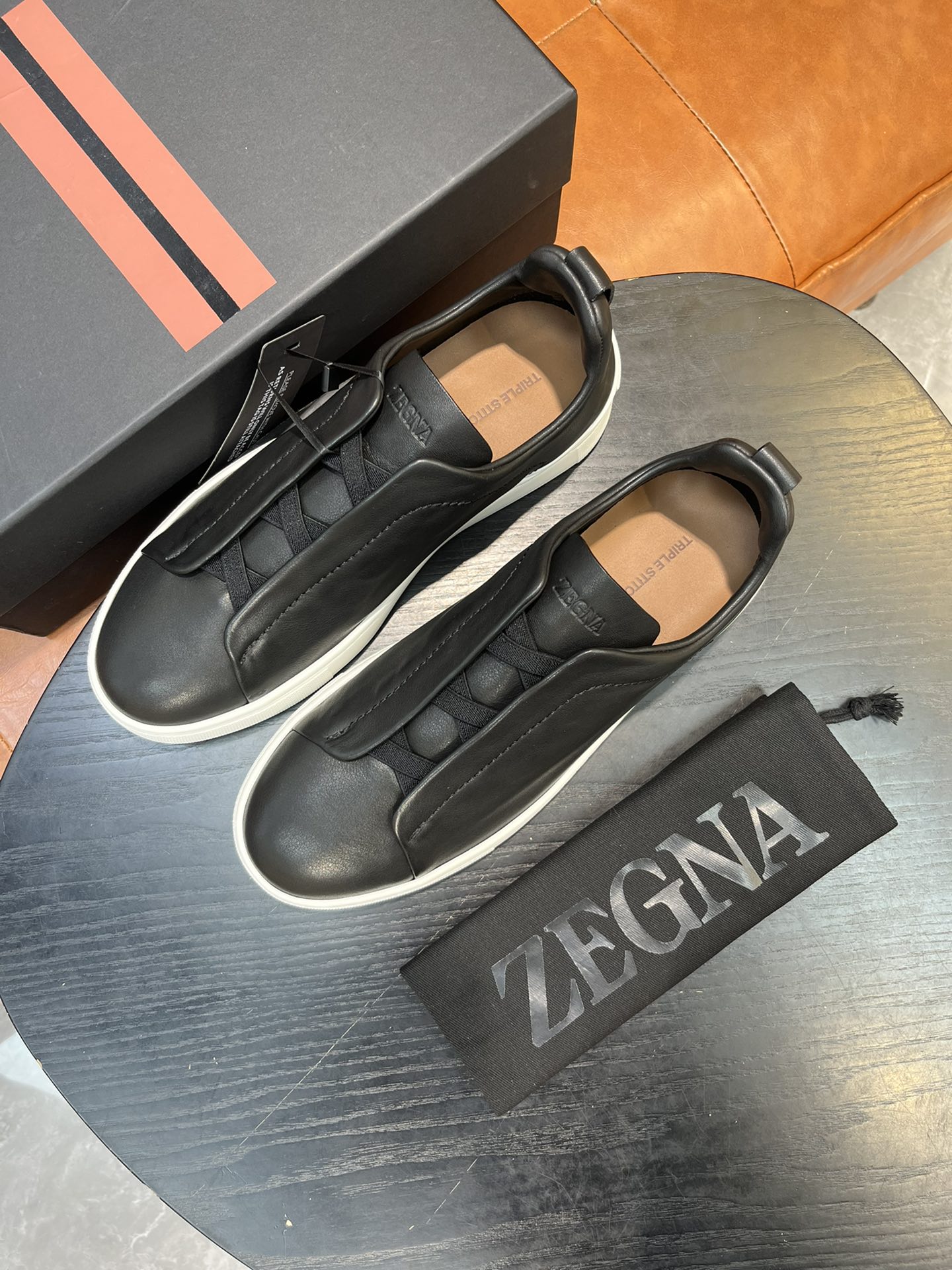 Ermenegildo Zegna Triple Stitch Leather Sneakers - Black/White, Slip-On Design 3 i1715496290 4159 1