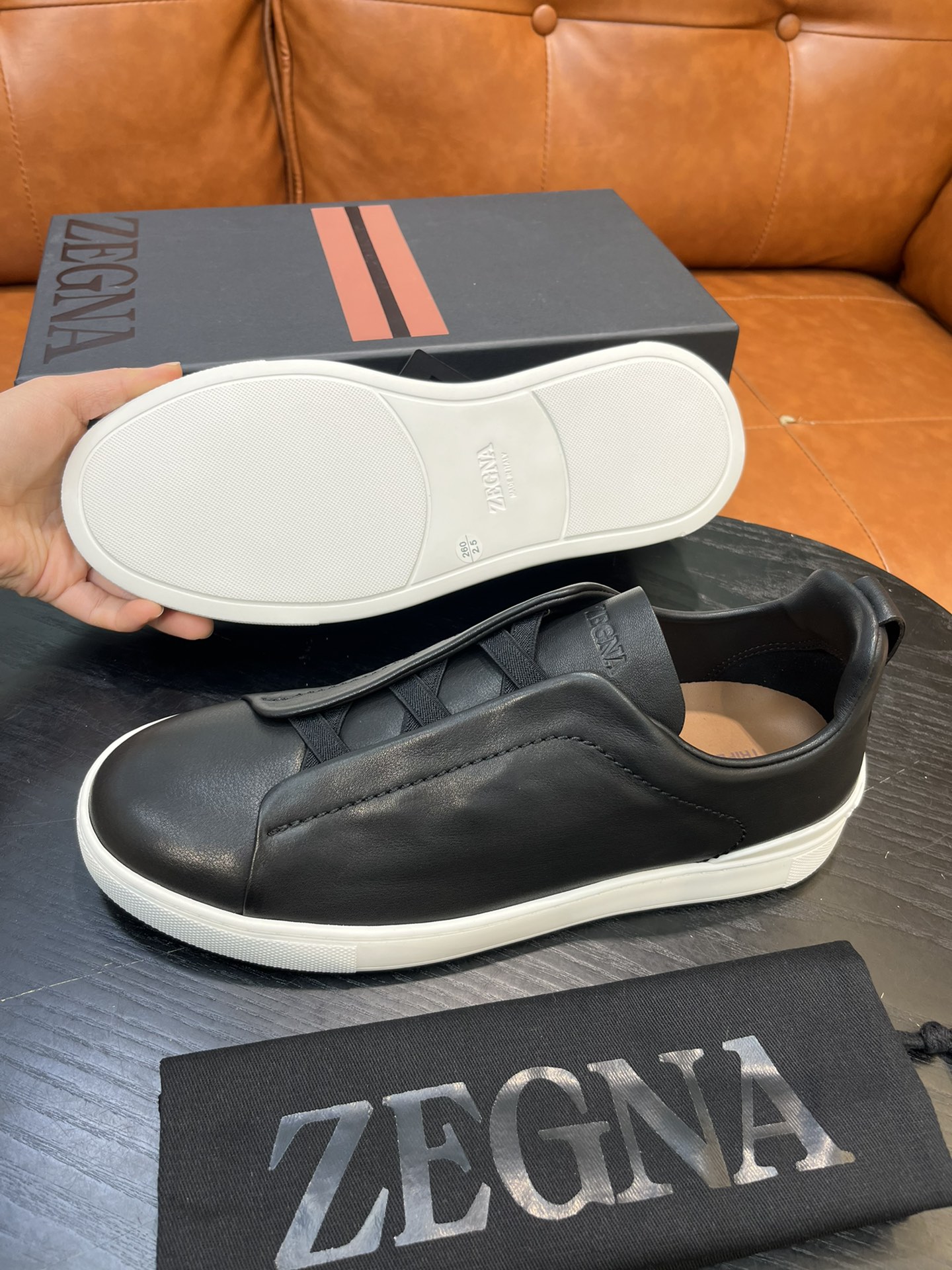 Ermenegildo Zegna Triple Stitch Leather Sneakers - Black/White, Slip-On Design 4 i1715496290 7797 2