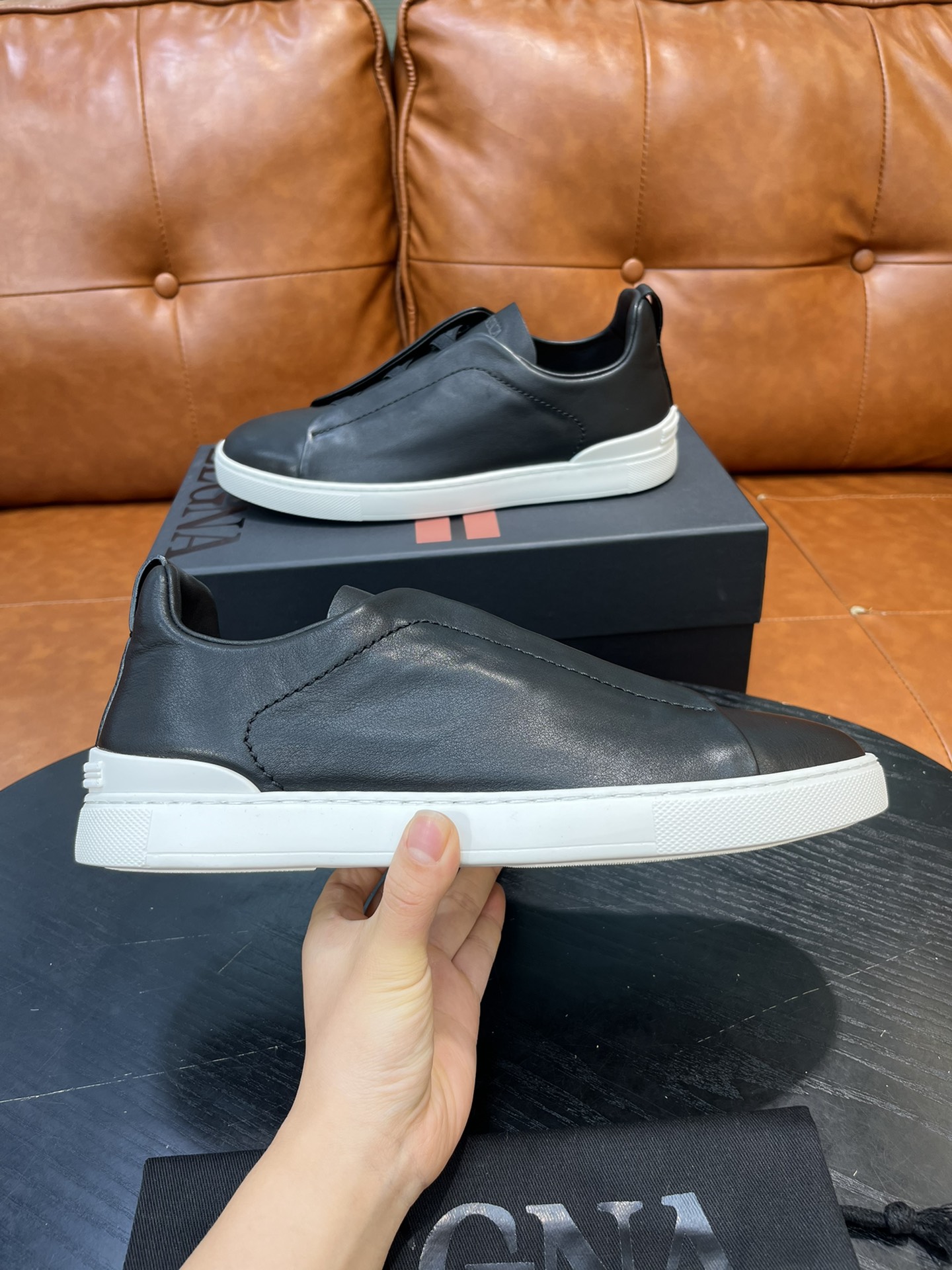 Ermenegildo Zegna Triple Stitch Leather Sneakers - Black/White, Slip-On Design 8 i1715496290 8545 6