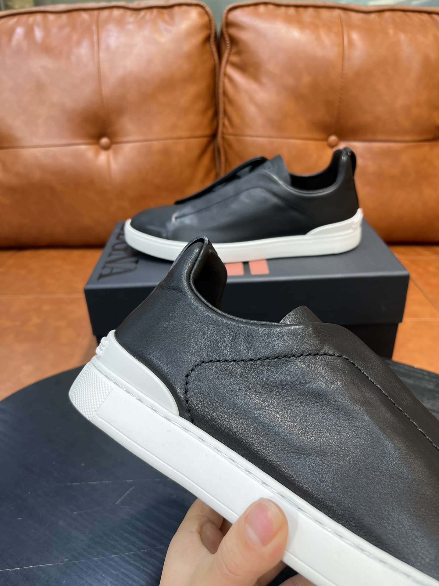Ermenegildo Zegna Triple Stitch Leather Sneakers - Black/White, Slip-On Design 6 i1715496290 991 4