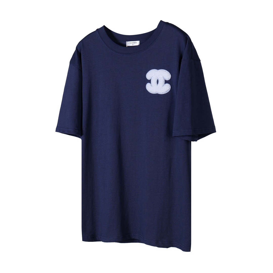「C11」 CHANEL/Chanel camiseta vintage de doble C con bordado de toalla en azul marino, tela de algodón activa desarrolla…