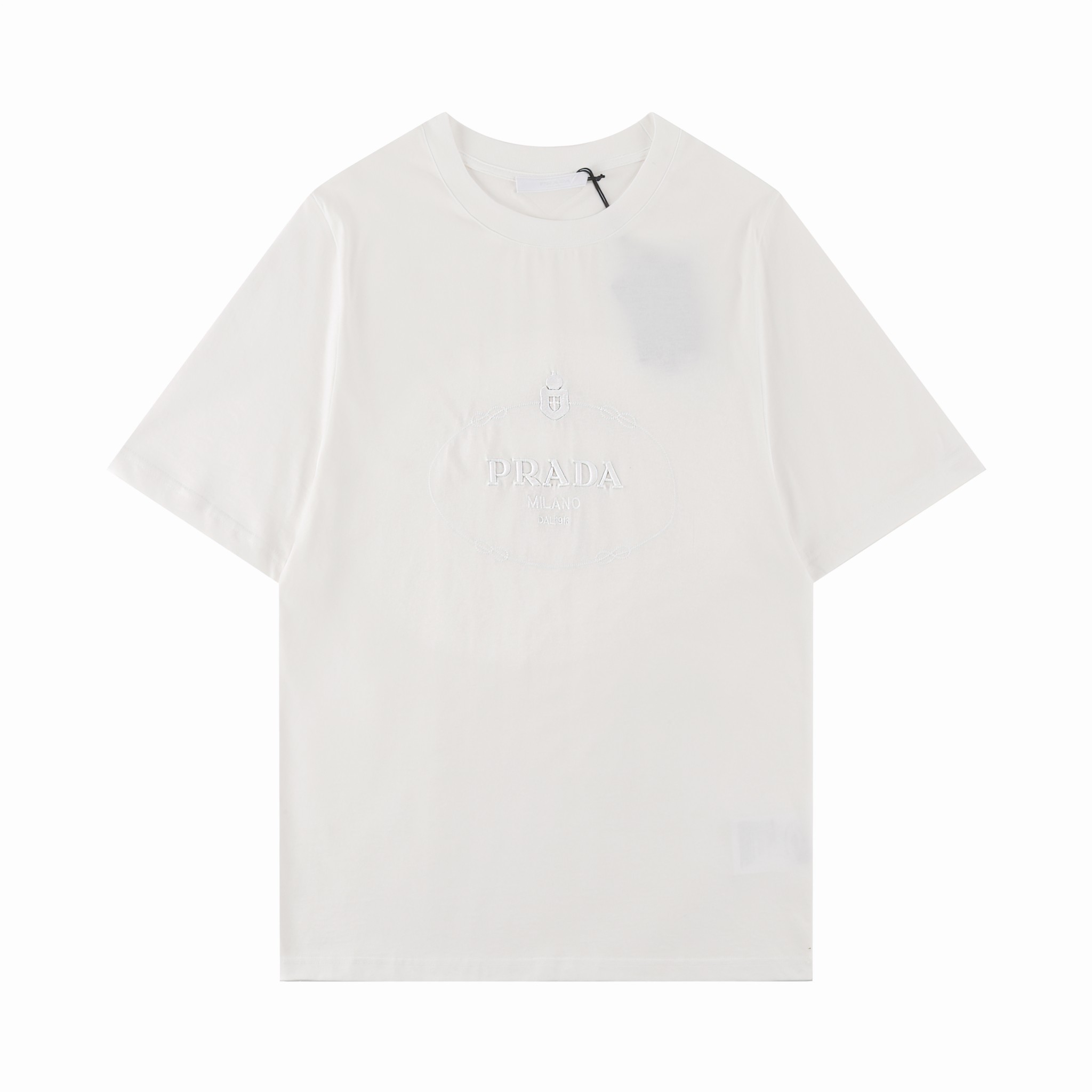PRAD Prada*2024SS primavera-verano camiseta de manga corta nueva, letras 3D con bordado de nudo Savoy, adorno triangula…