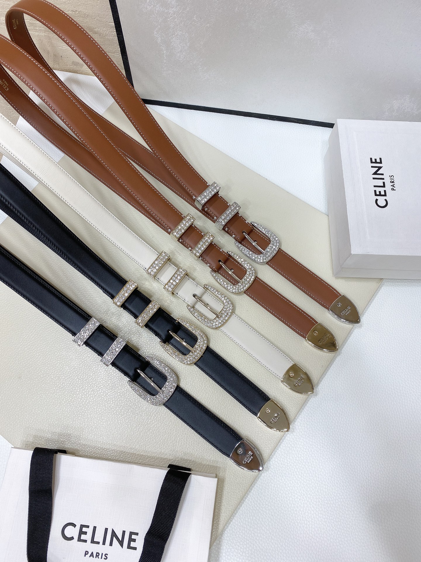 [Celine Belts] Sailin Celine MARCO medium retro cowhide leather and rhinesto