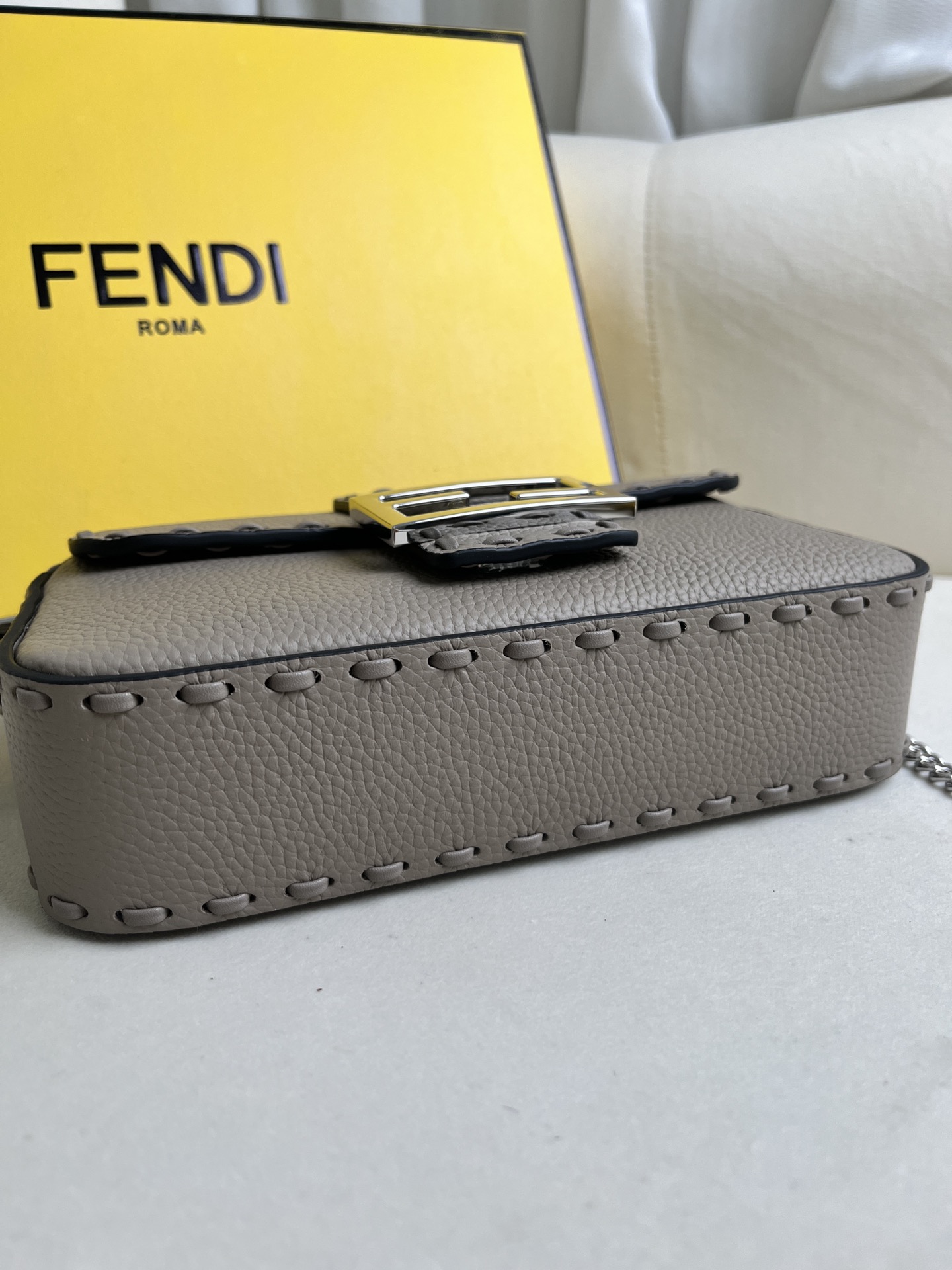 Fendi Baguette Hand-stitched Dove Gray Leather Shoulder Bag with Chain Strap 10 i1715845352 1924 8