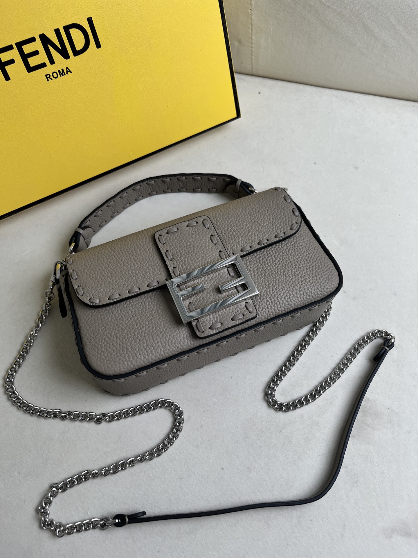 Fendi Baguette Hand-stitched Dove Gray Leather Shoulder Bag with Chain Strap 5 i1715845352 3812 3