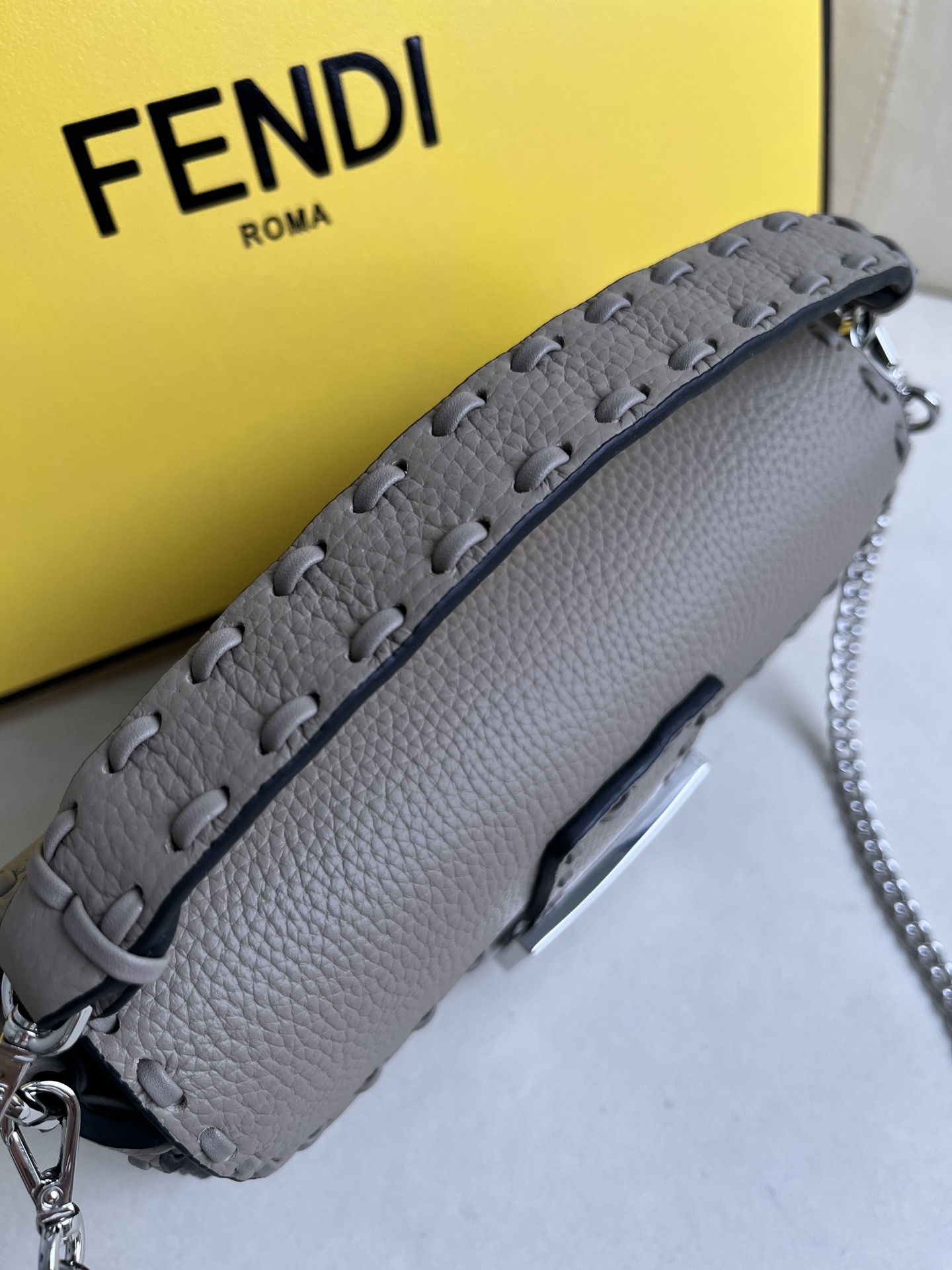 Fendi Baguette Hand-stitched Dove Gray Leather Shoulder Bag with Chain Strap 6 i1715845352 4100 4
