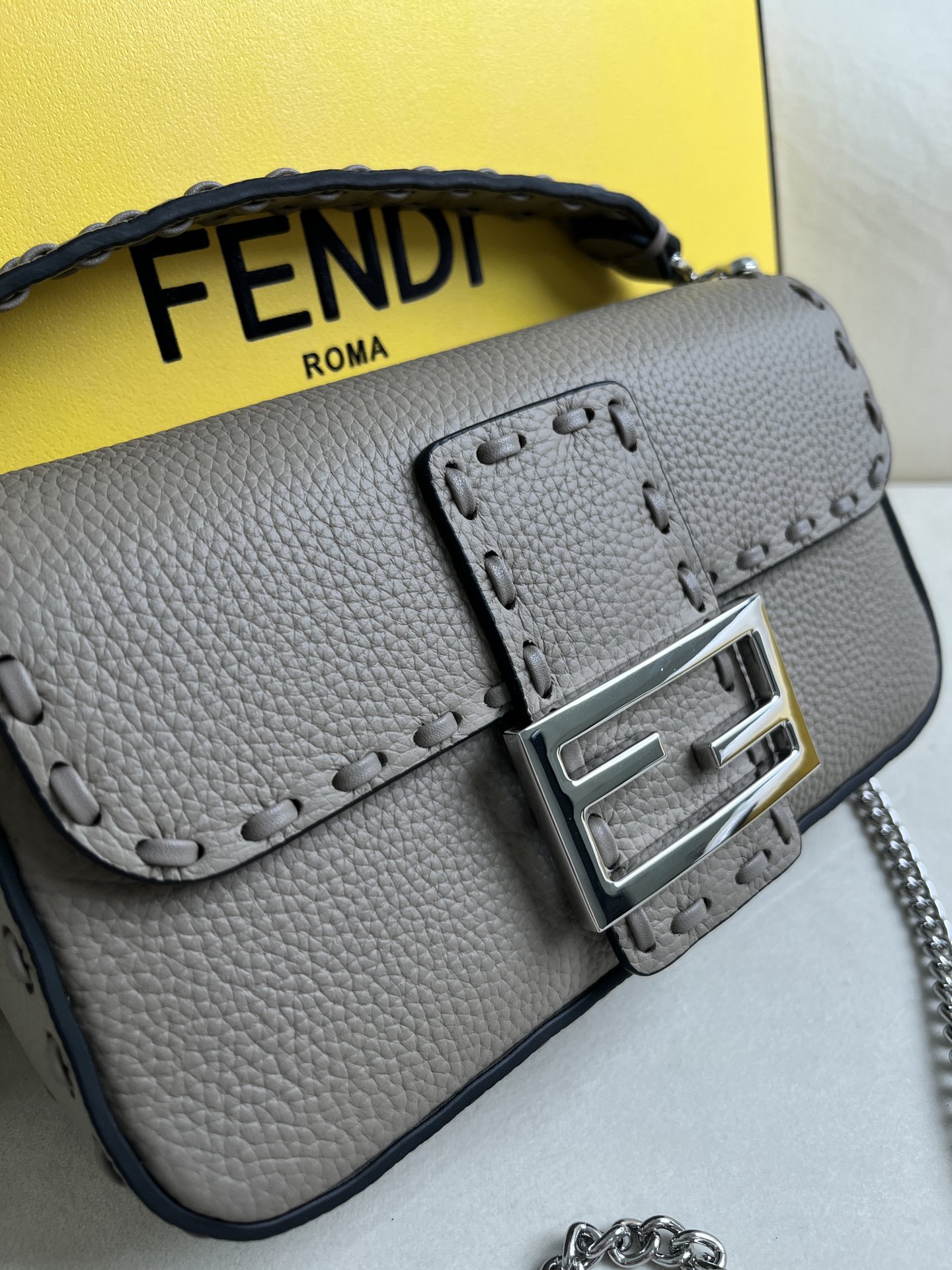 Fendi Baguette Hand-stitched Dove Gray Leather Shoulder Bag with Chain Strap 3 i1715845352 4826 1
