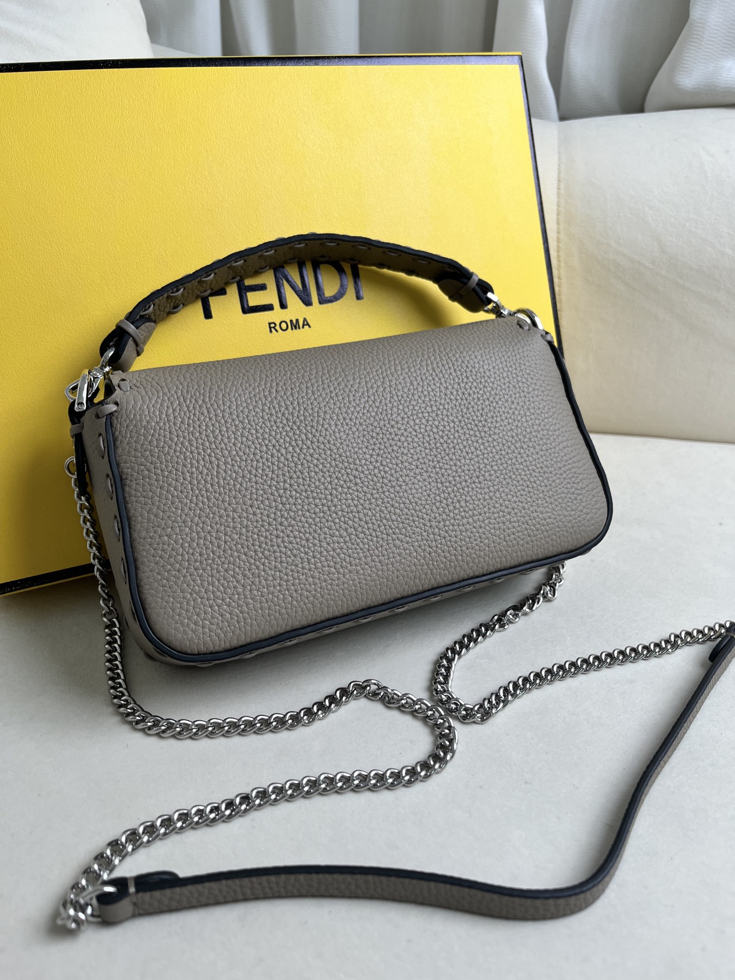 Fendi Baguette Hand-stitched Dove Gray Leather Shoulder Bag with Chain Strap 4 i1715845352 6839 2