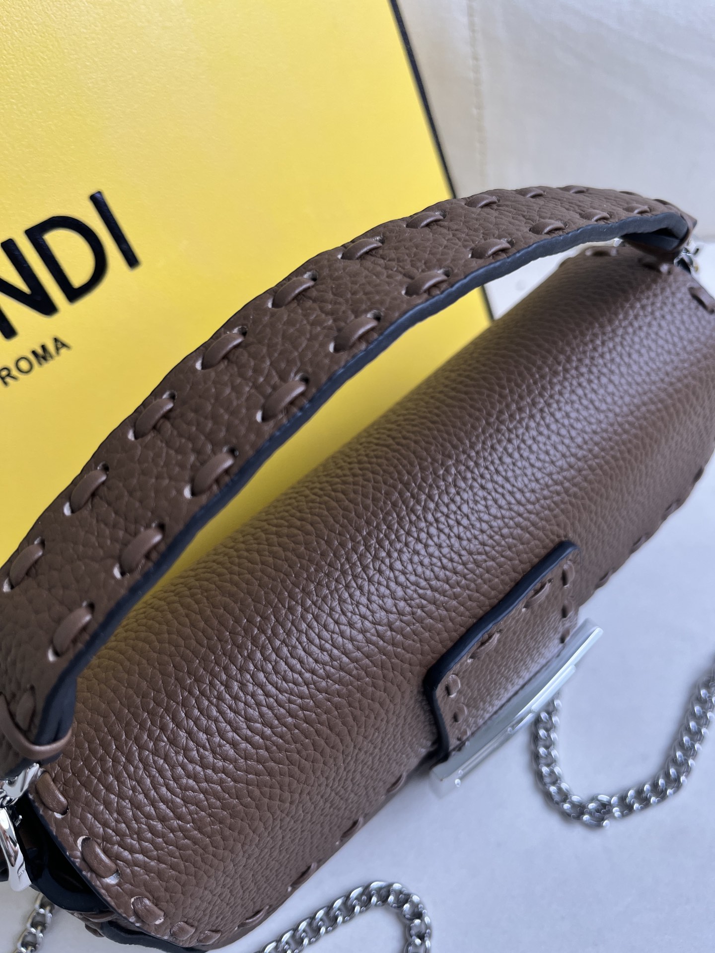 Fendi Baguette Shoulder Bag in Khaki Leather with Silver Chain 4 i1715845419 1546 2