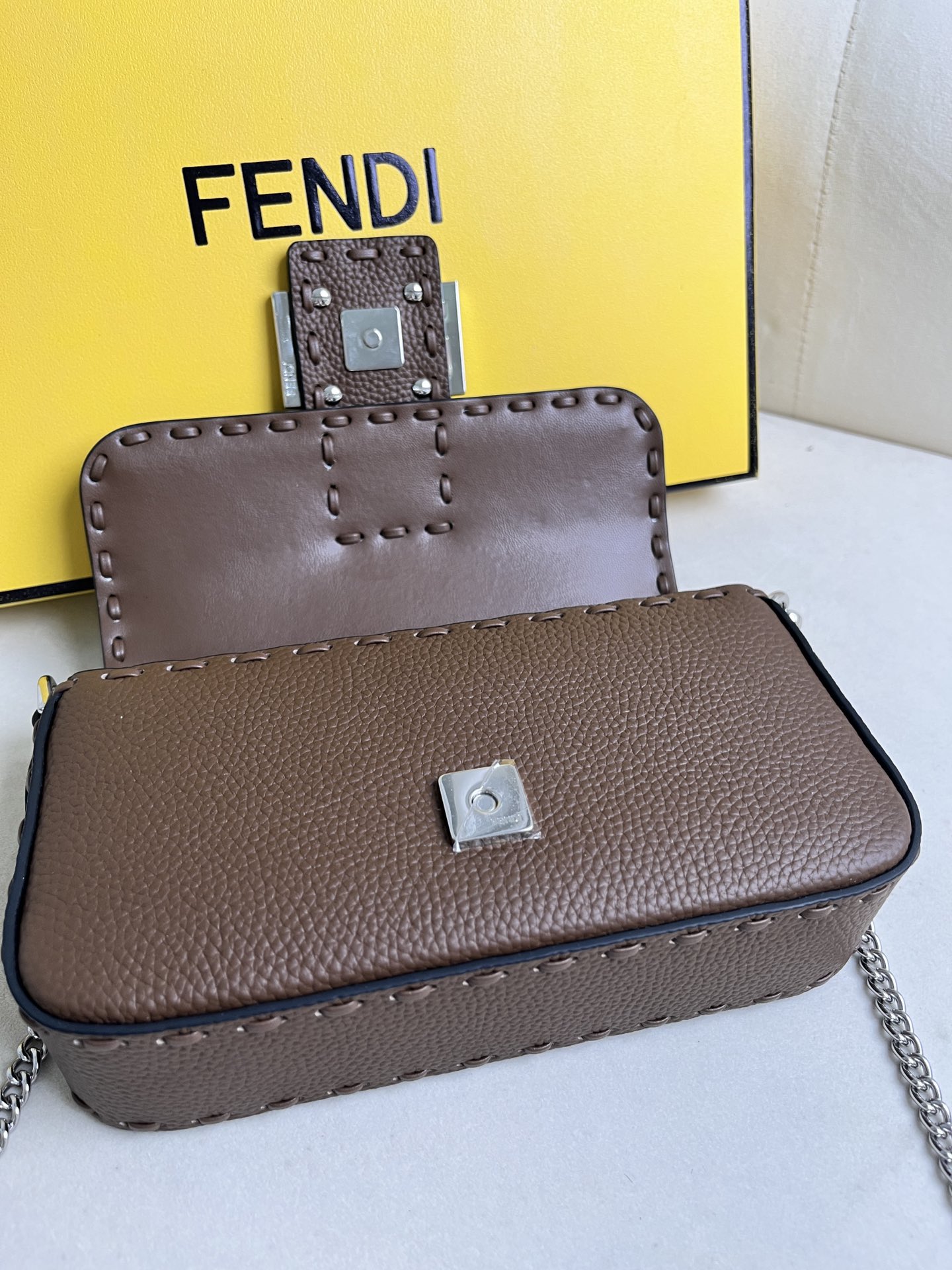 Fendi Baguette Shoulder Bag in Khaki Leather with Silver Chain 8 i1715845419 2363 6