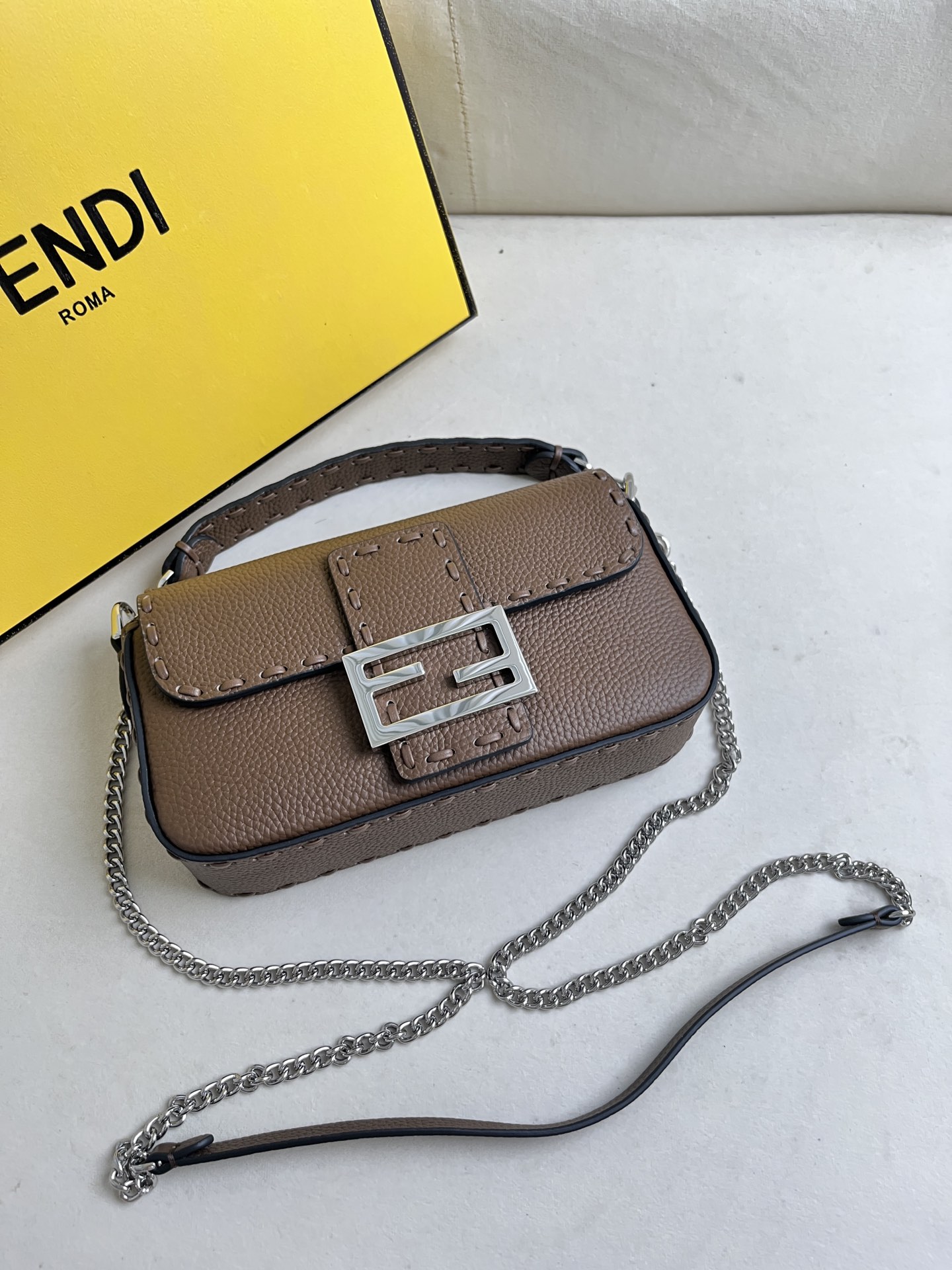 Fendi Baguette Shoulder Bag in Khaki Leather with Silver Chain 5 i1715845419 2685 3