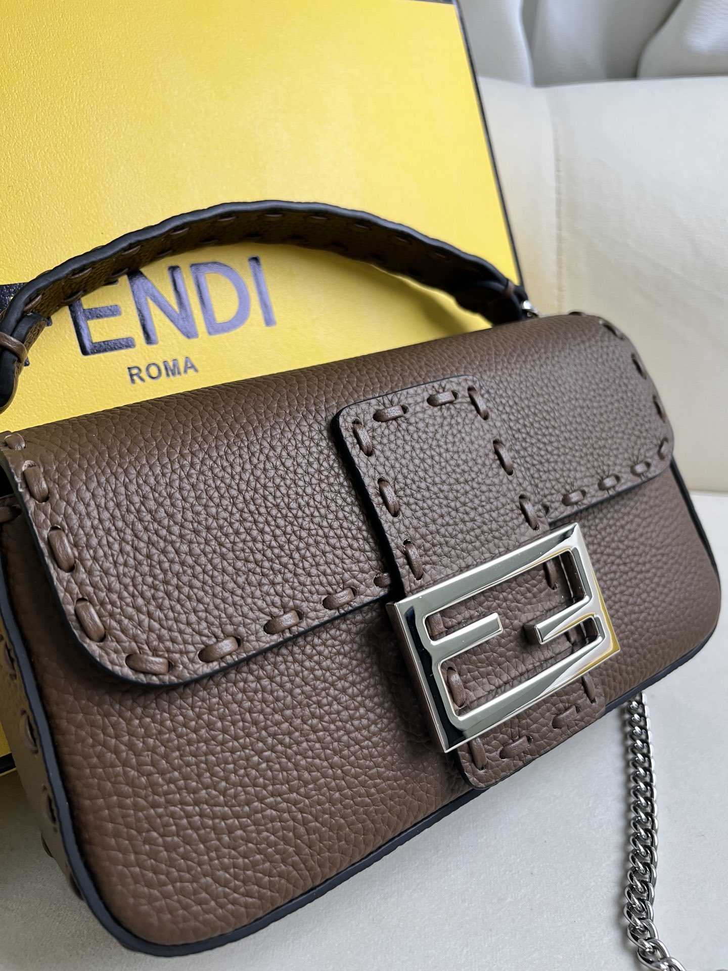 Fendi Baguette Shoulder Bag in Khaki Leather with Silver Chain 3 i1715845419 2890 1
