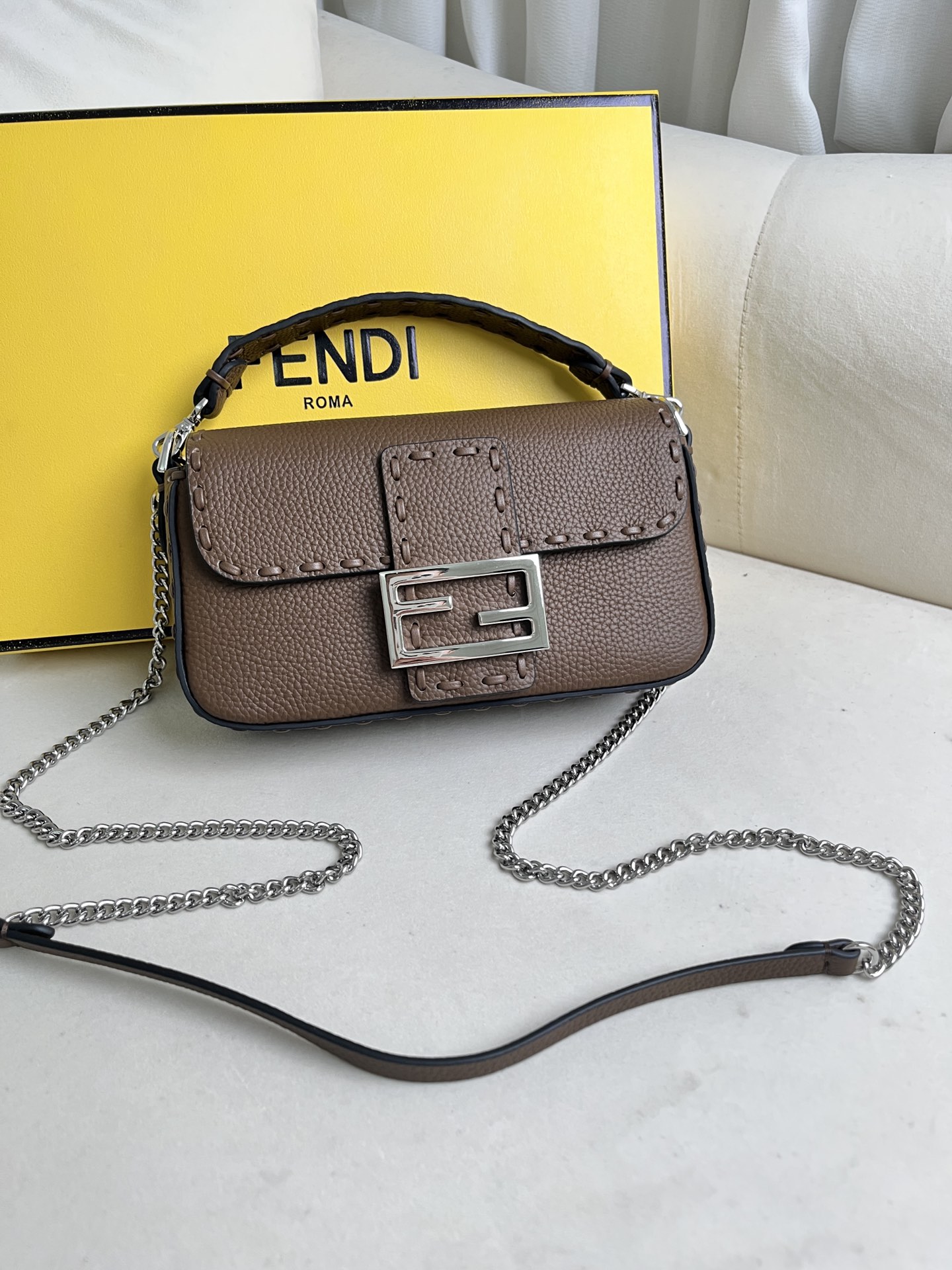 Fendi Baguette Shoulder Bag in Khaki Leather with Silver Chain 2 i1715845419 365 0